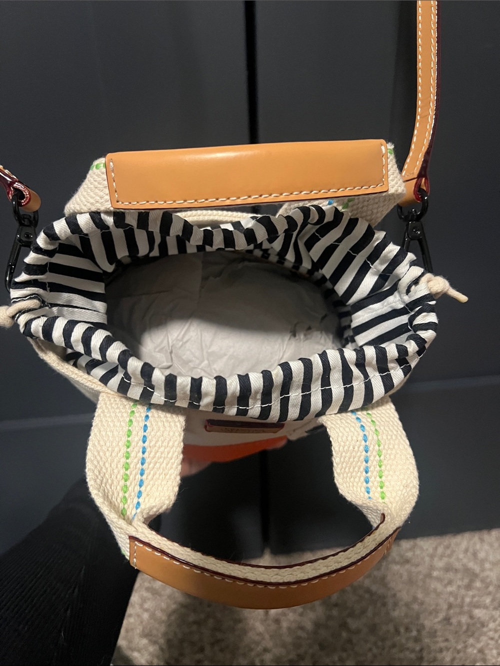 NWT Frances Valentine Cream and Orange Canvas Bucket Crossbody Bag - Picture 2 of 9